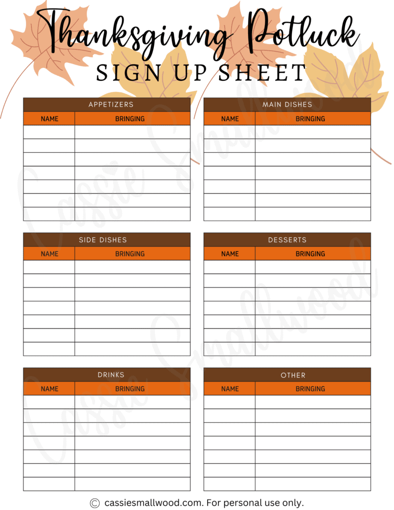 10 Cute Thanksgiving Potluck Sign Up Sheets - Cassie Smallwood in Free Printable Thanksgiving Potluck Sign Up Sheet