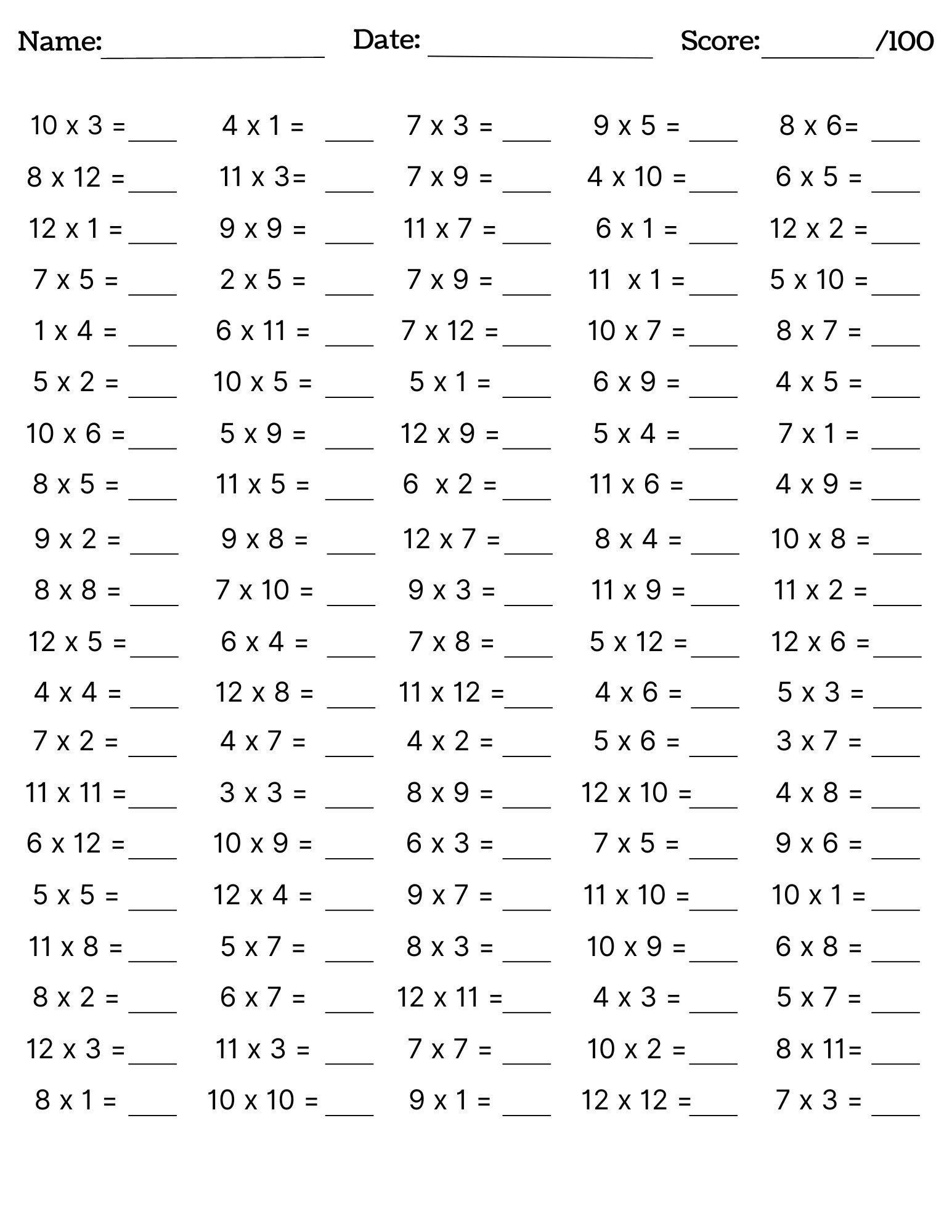 10 Printable Multiplication Worksheets, Fill In The Blanks in Multiplication Worksheets 1-12 Printable