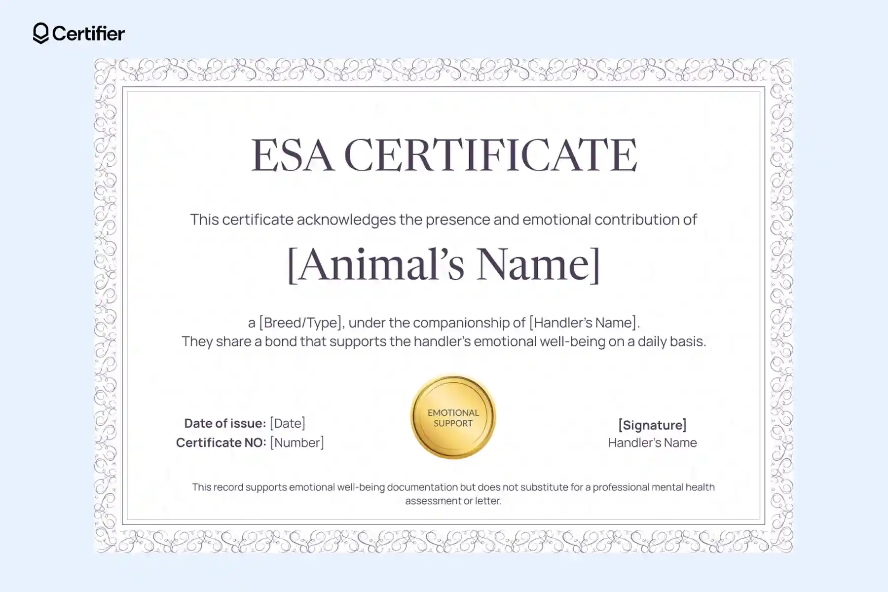 15 Blank Esa Certificate Templates regarding Certificate Printable Free Emotional Support Animal Letter