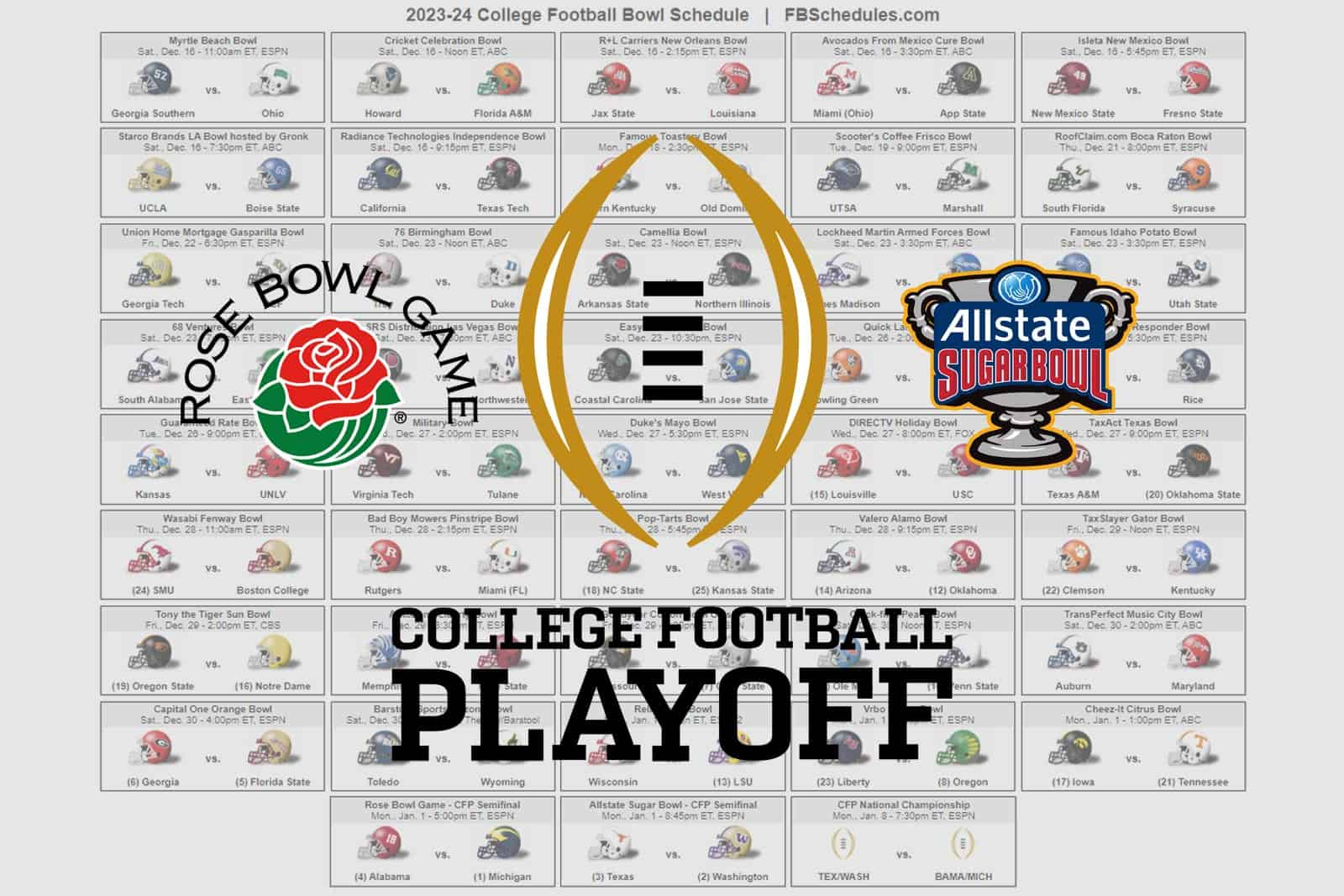 2023-24 College Football Bowl Helmet Schedule inside Ncaa Football Bowl Schedule Printable