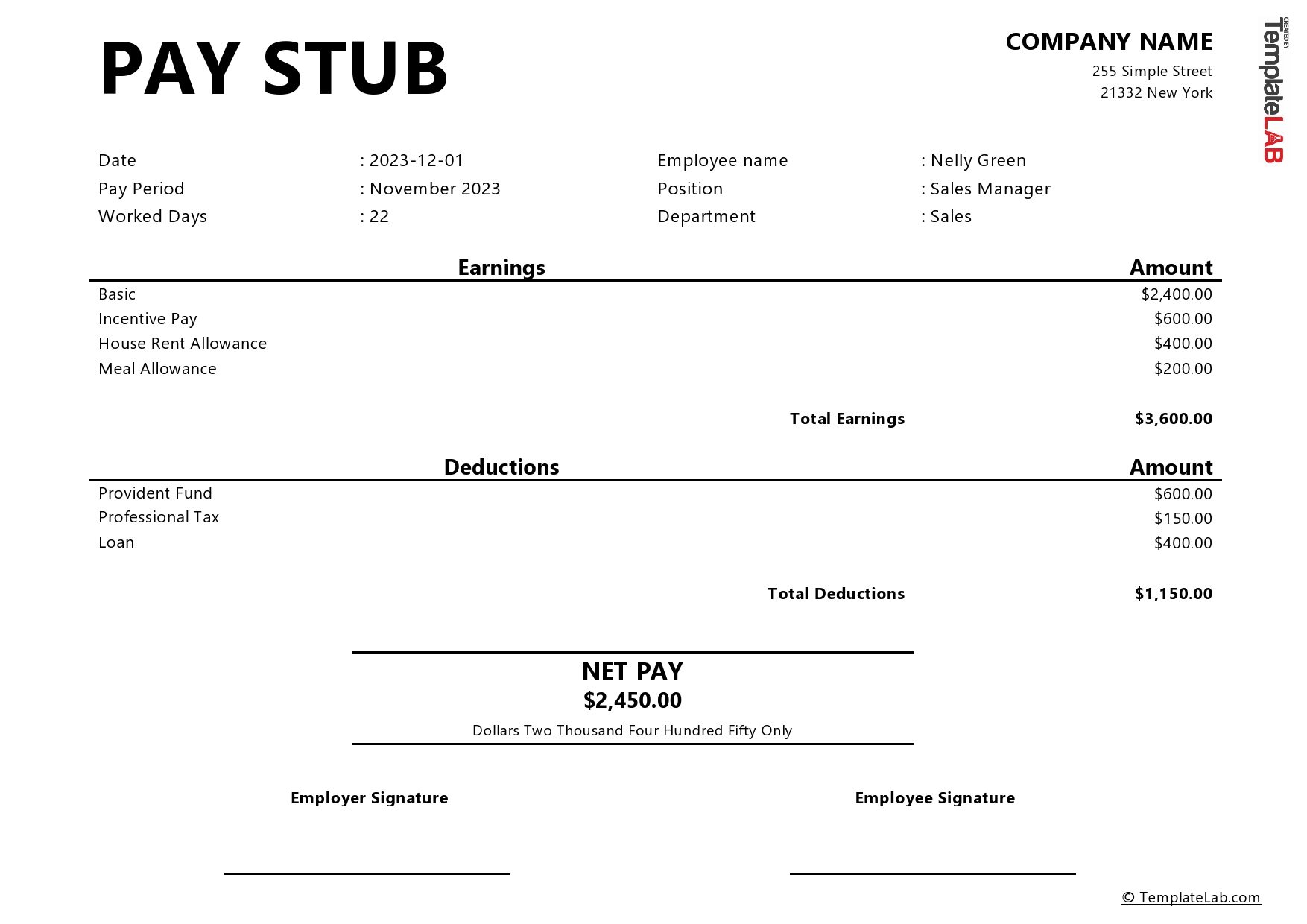24 Free Pay Stub Templates [Word, Excel, Pdf] - Templatelab within Free Printable Payroll Check Stubs