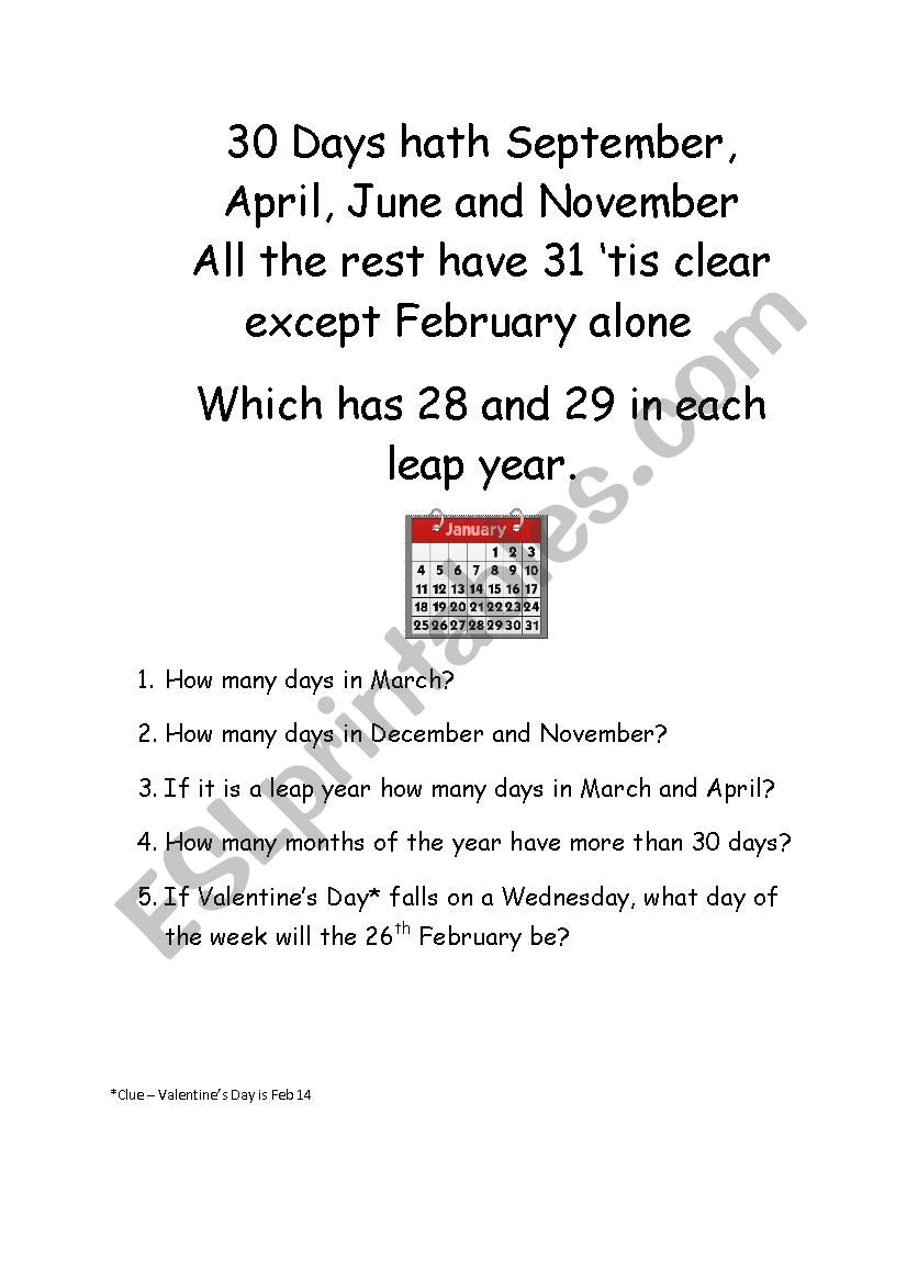 30 Days Hath September - Esl Worksheetwaily with regard to 30 Days Hath September Printable Poem