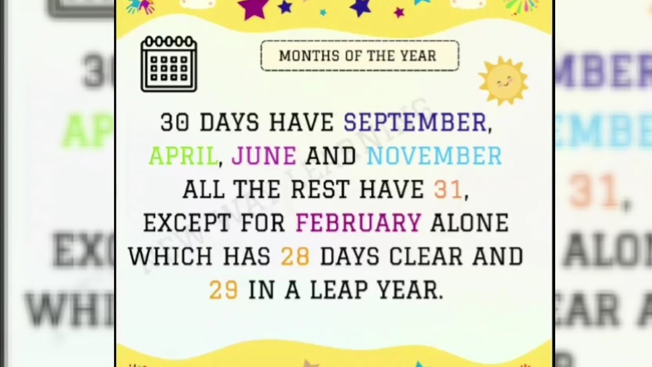 30 Days Have September Rhyme | 30 Days Have September April June And  November | Nursery Rhymes intended for 30 Days Hath September Printable Poem