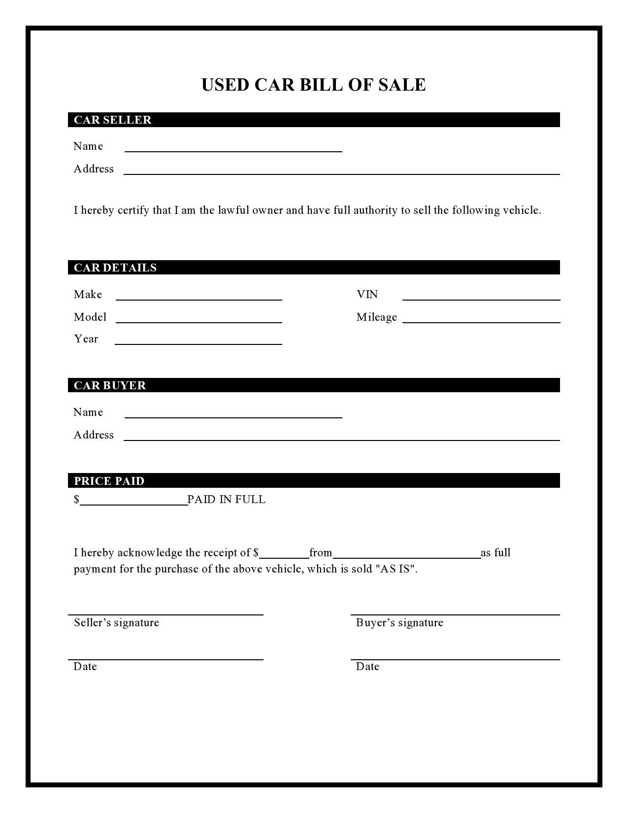 40 Printable Bill Of Sale For A Car Samples [Word, Pdf] pertaining to Printable Used Car Bill of Sale