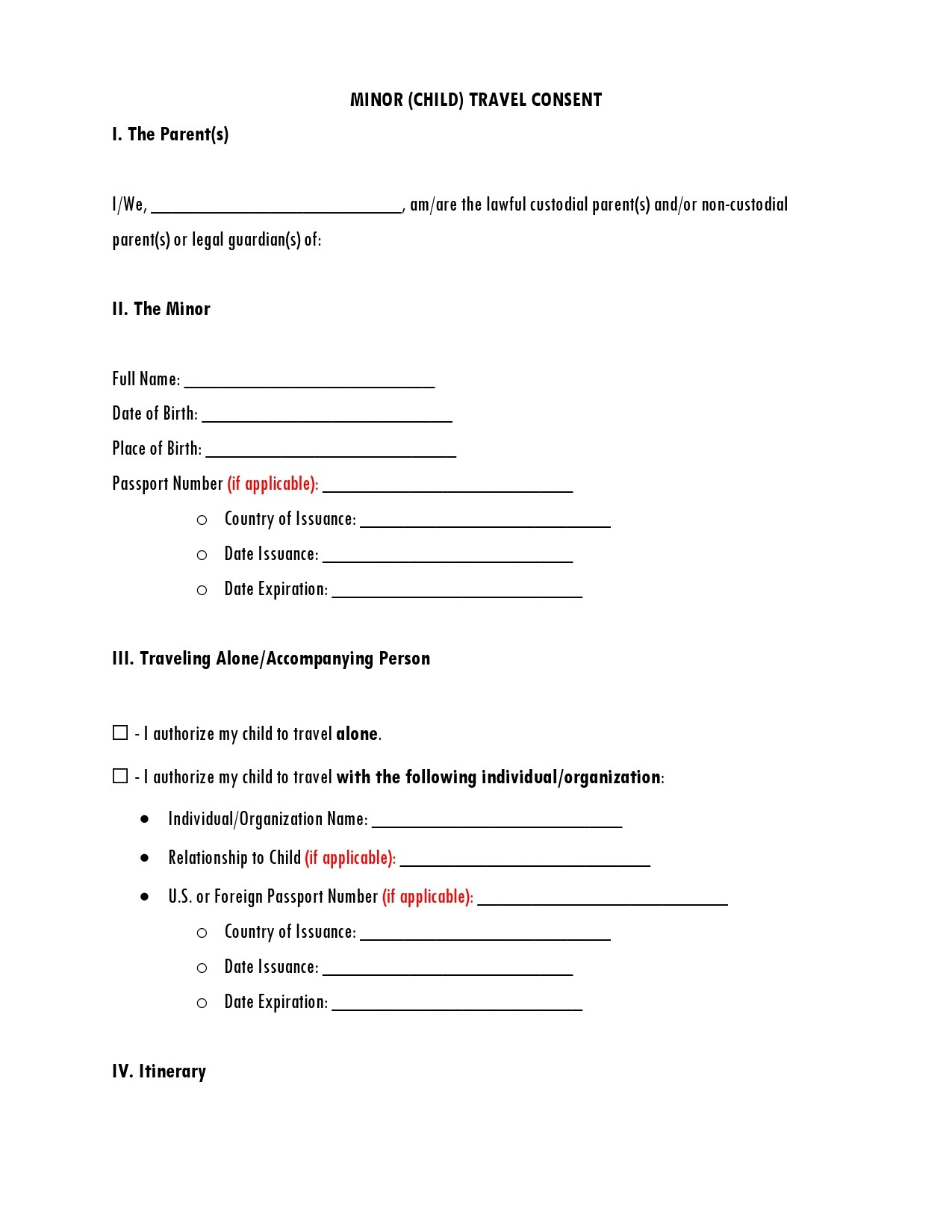 45 Printable Child Travel Consent Forms (Word & Pdf) with regard to Printable Minor Travel Consent Form