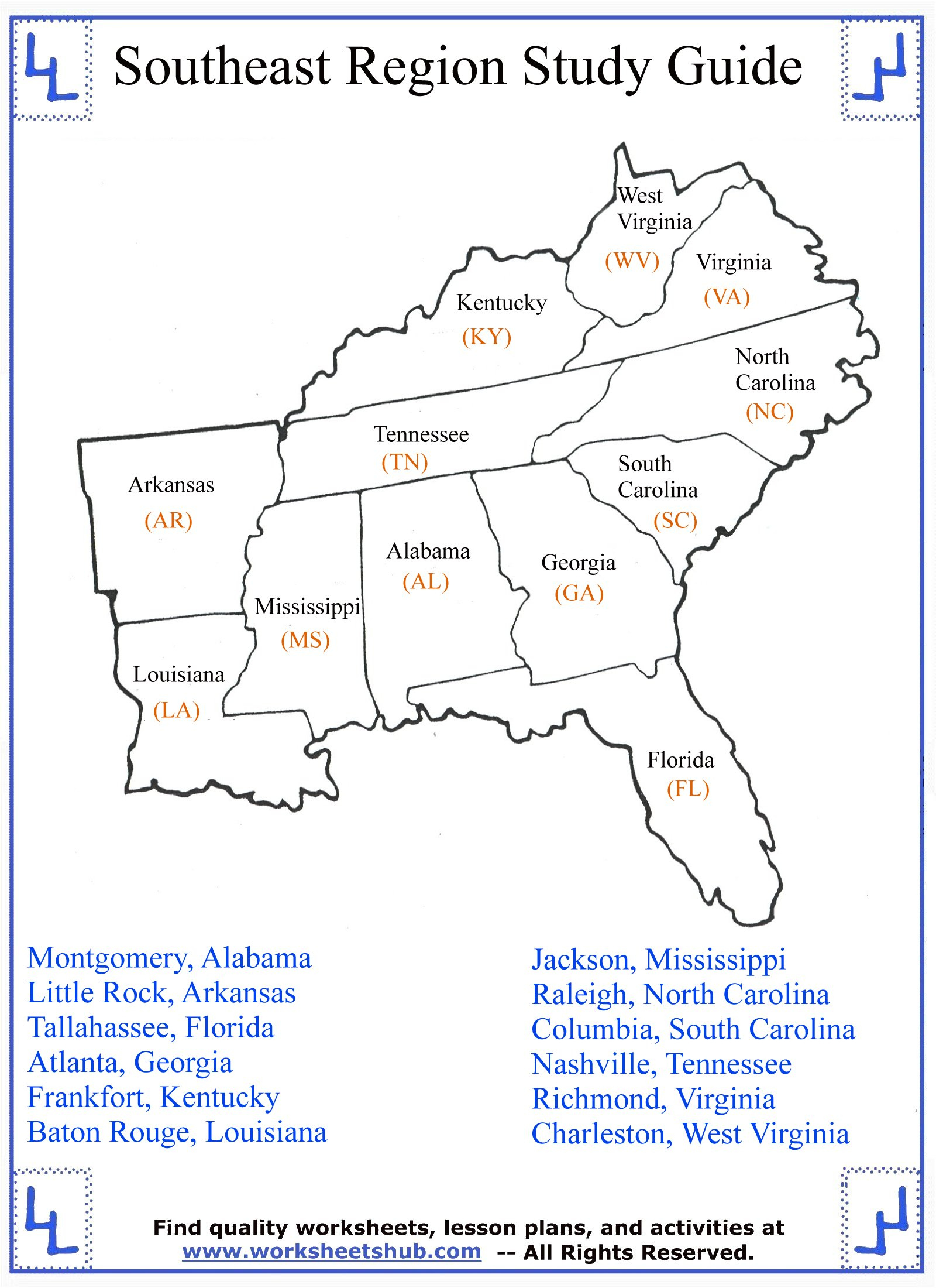 4Th Grade Social Studies - Southeast Region States intended for Free Printable Southeast Region States and Capitals Map Printable