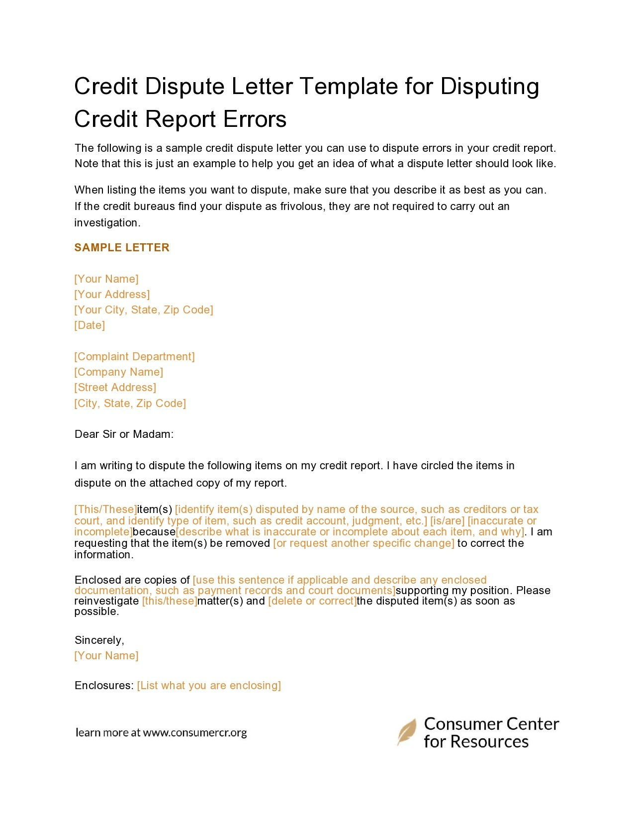 50 Best Credit Dispute Letters Templates [Free] ᐅ Templatelab with Printable Credit Dispute Letter Template