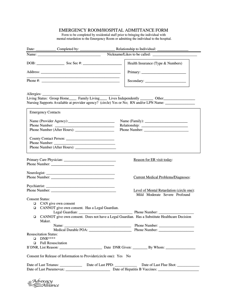 Advocacy Alliance Emergency Room Hospital Admittance Form - Fill for Discharge Summary Printable Emergency Room Hospital Discharge Papers