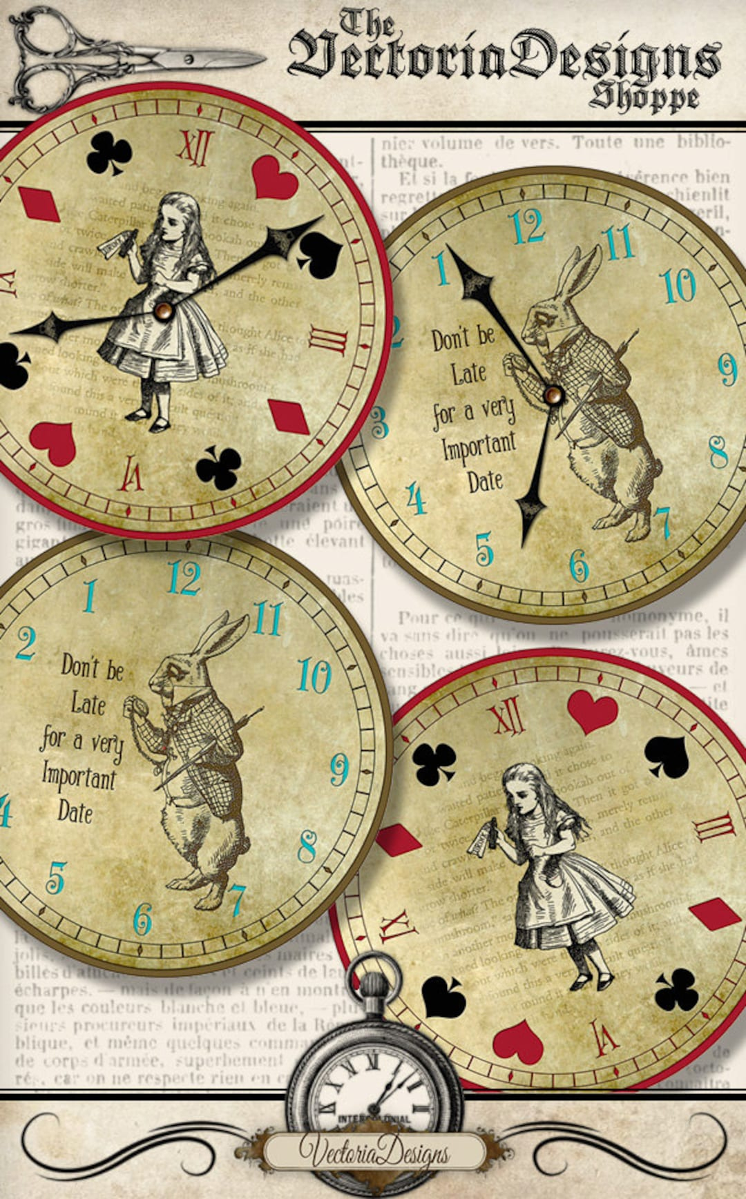 Alice In Wonderland Clocks, Alice In Wonderland Props Decor, Party regarding Alice in Wonderland Printable Clocks