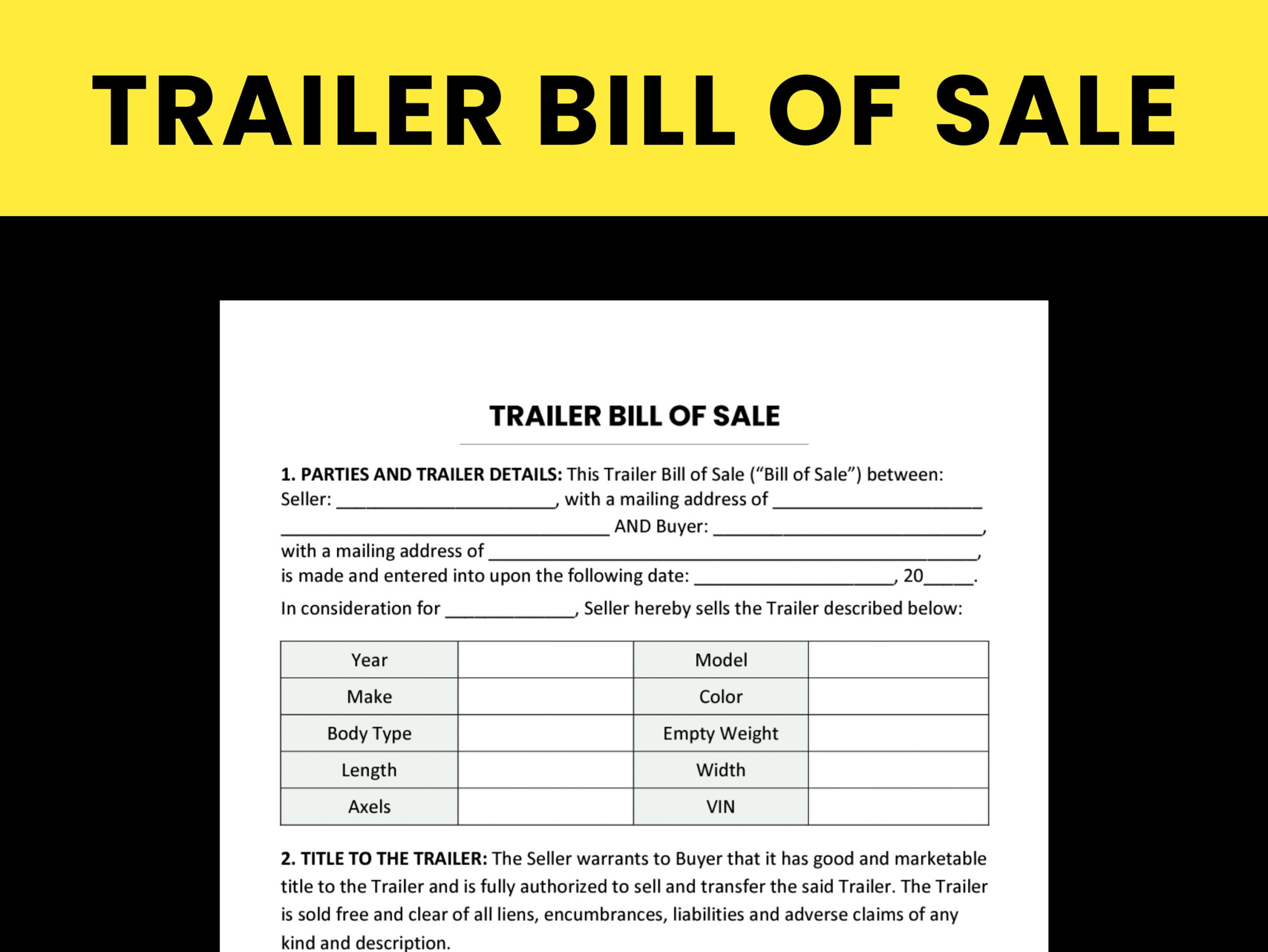 Anhänger Bill Of Sale Vorlage. Pdf/Microsoft Word/ Google Docs within Trailer Bill of Sale Printable