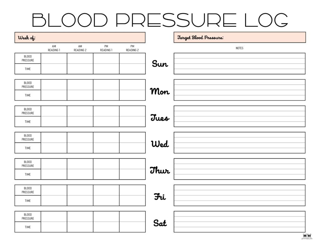 Blood Pressure Logs - 25 Free Printables | Printabulls intended for Free Printable Large Print Blood Pressure Log