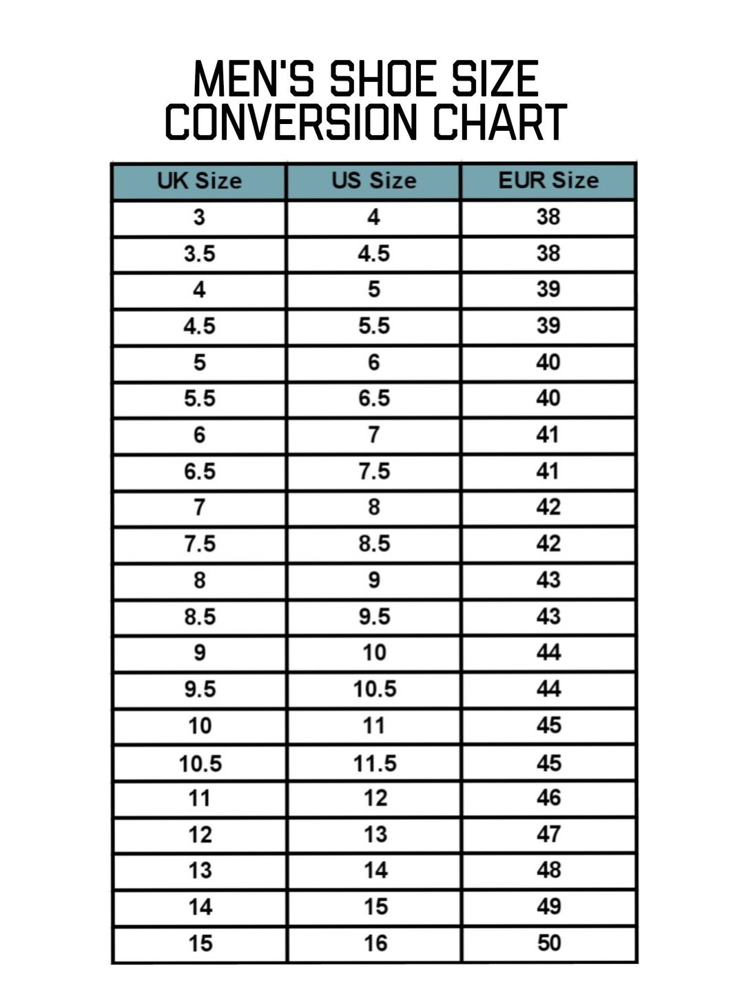 Buy Mens Shoe Size Conversion Chart, Template, Instant, Printable, Digital  Download Online In India - Etsy with Printable Men&amp;#039;S Shoe Size Chart