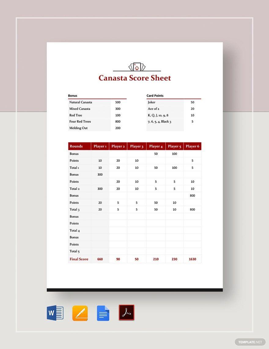 Canasta Score Sheet Template In Pages, Word, Google Docs, Pdf with regard to Pdf Printable Canasta Score Sheet