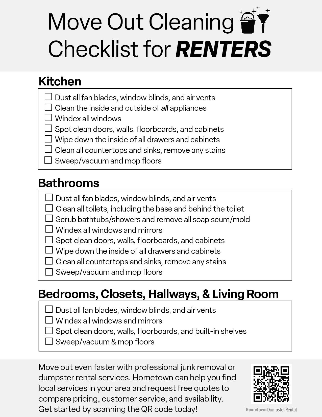 Cleaning Checklist For Renters Moving Out | Hometown Dumpster Rental within Printable Move Out Cleaning Checklist
