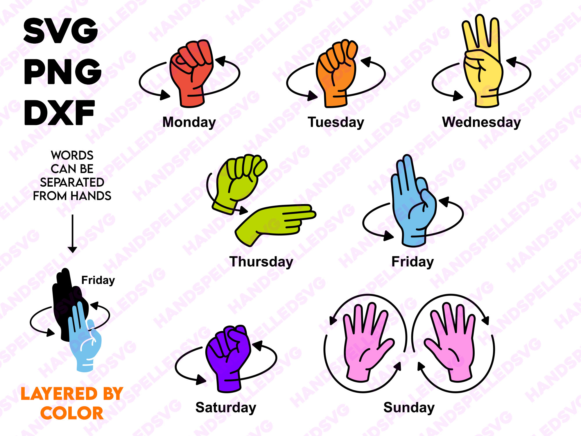 Days Of The Week American Sign Language Asl Png Svg Dxf Bundle with Asl Days of the Week Printable