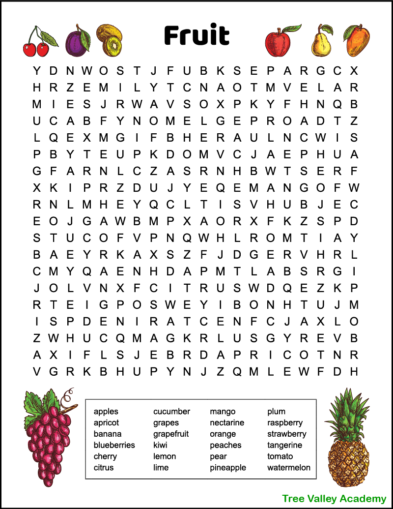 Difficult Fruit Word Search For Kids - Tree Valley Academy inside Free Printable Word Searches Hard