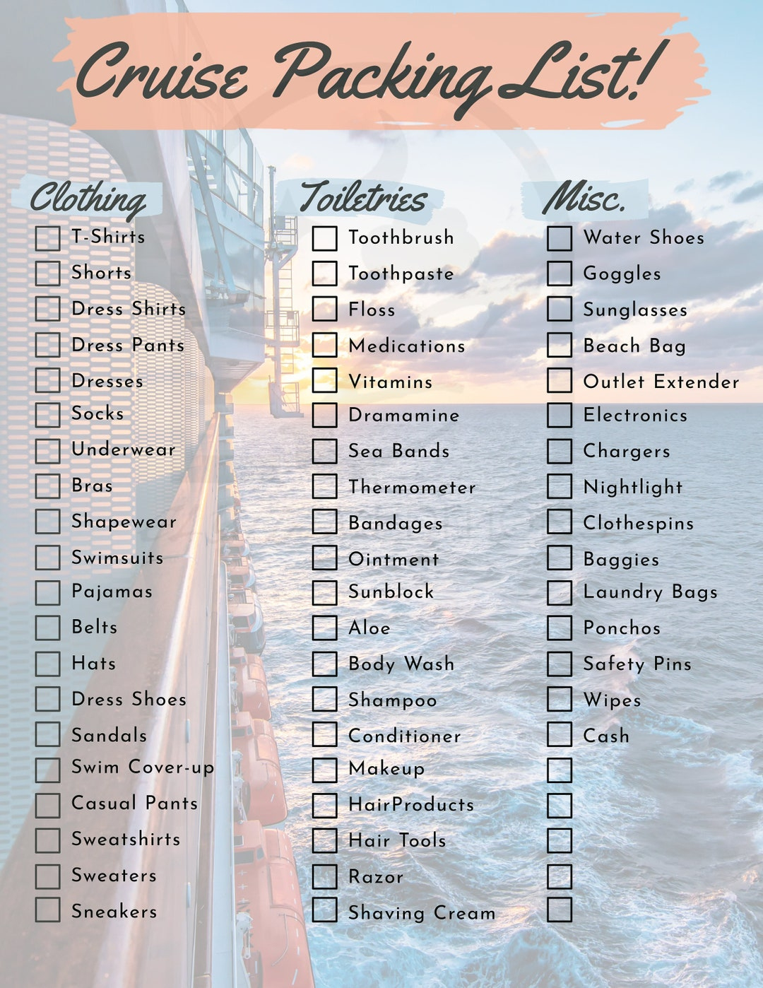 Digital Download | Cruise Packing List | Printable Pdf | Letter for Printable Packing List For a Cruise