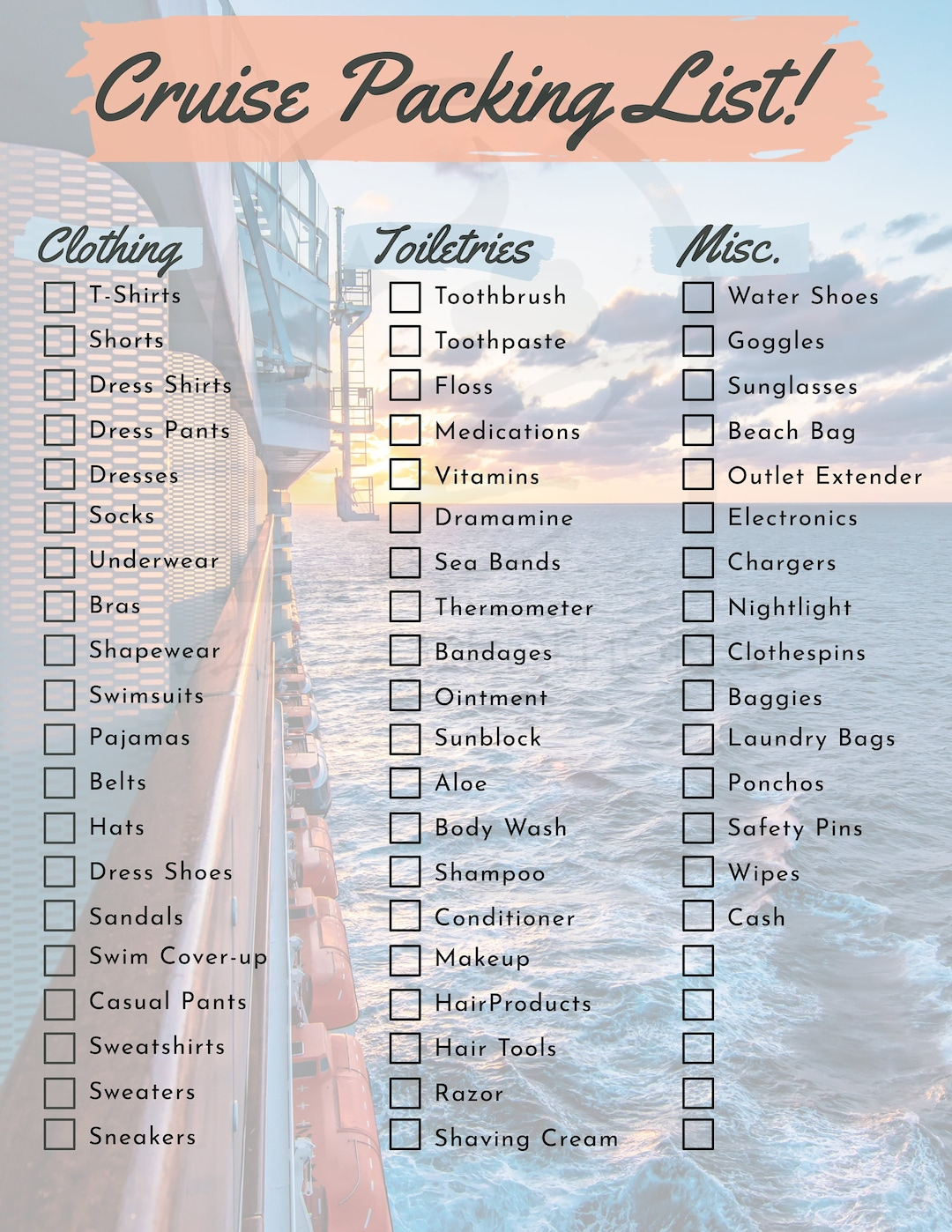 Digital Download | Cruise Packing List | Printable Pdf | Letter in Packing For a Cruise Checklist Printable