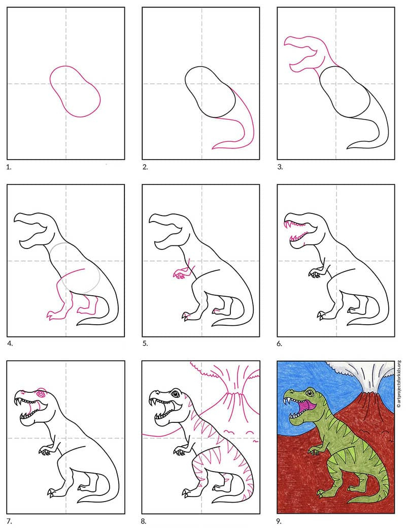 Easy How To Draw A Dinosaur Tutorial And Dinosaur Coloring Page throughout How to Draw Fierce Dinosaur Printable