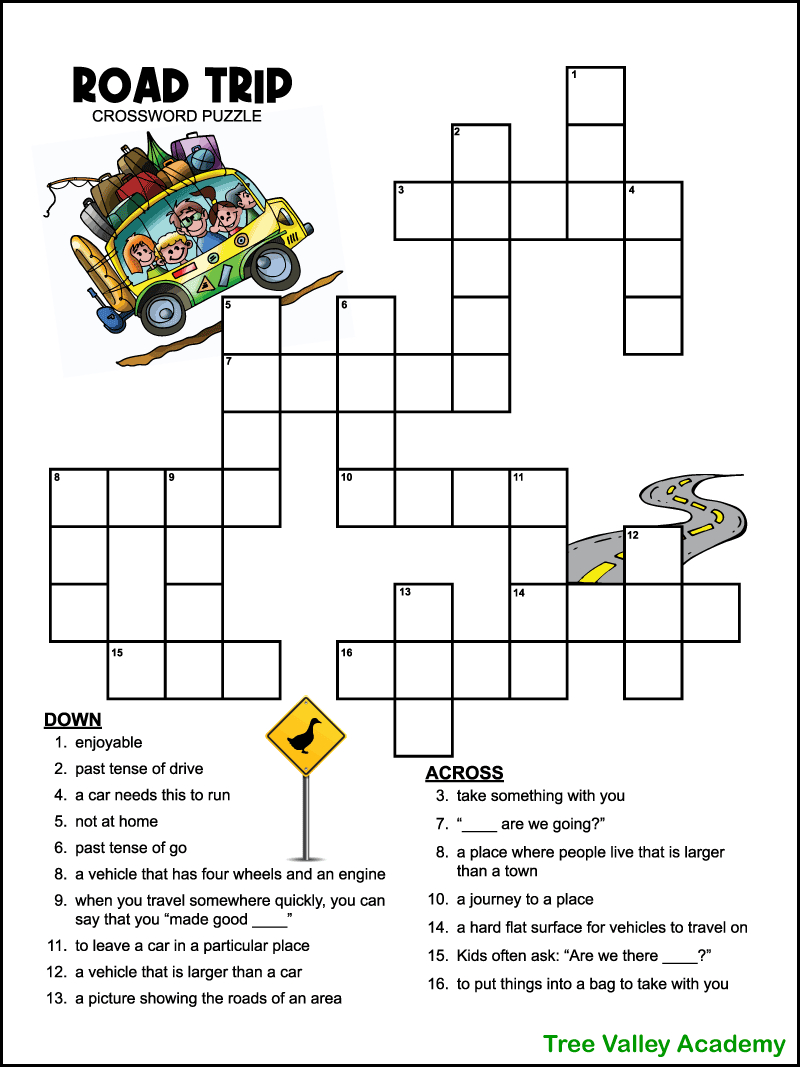 Easy Road Trip Crossword Puzzle For Kids - Tree Valley Academy for Crossword Puzzles Printable with Answers