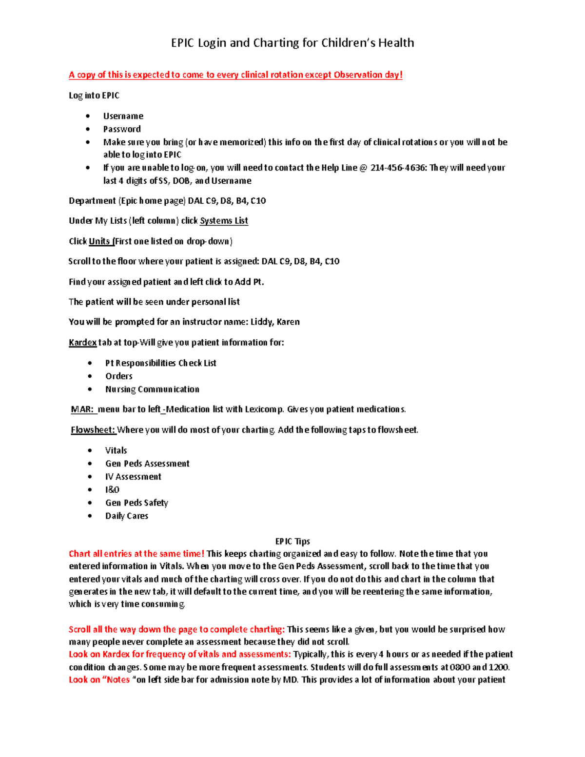 Epic Charting Help Sheet For Pediatric Clinical Rotations Spring for Epic Cheat Sheet Printable