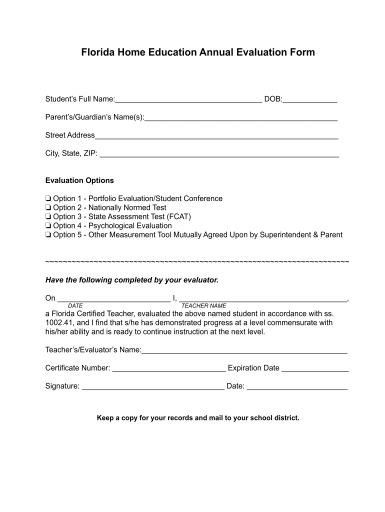 Florida Homeschool Evaluation Form: Fill Out &amp;amp; Sign Online | Dochub inside Free Printable Homeschool Assessment Test
