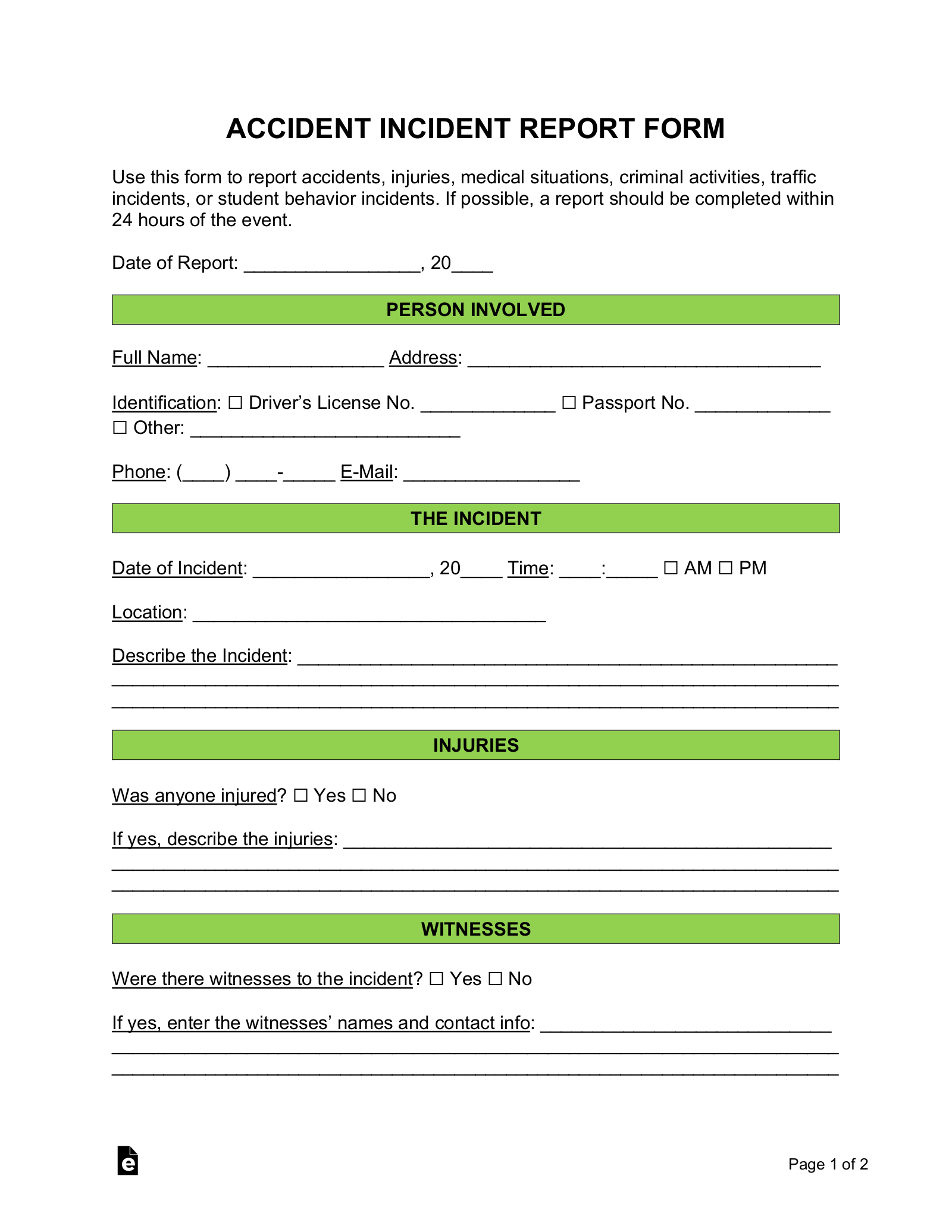 Free Accident Incident Report Form - Pdf | Word – Eforms with Free Printable Incident Report Form