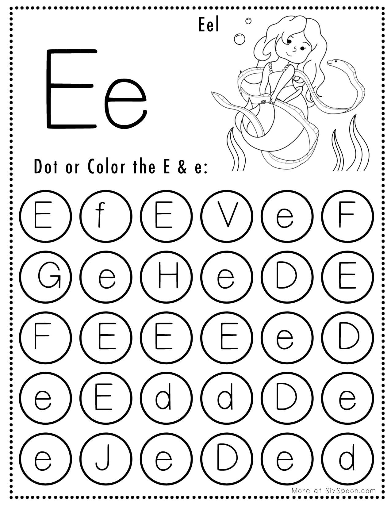 Free Alphabet Do A Dot Printables Worksheets - Letter E (Mermaid with regard to Letter Recognition Free Printable Worksheets