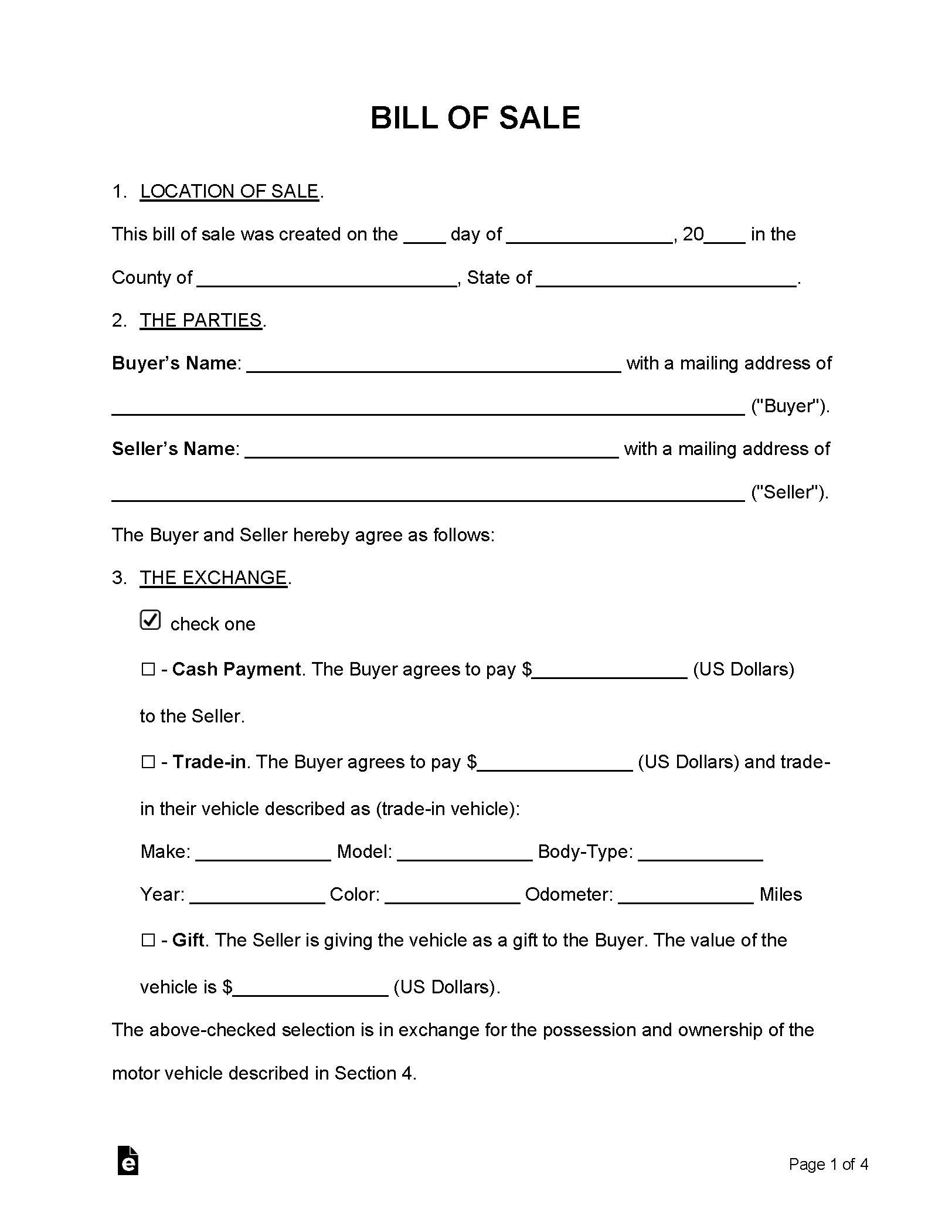 Free Bill Of Sale Forms (24) - Pdf | Word – Eforms regarding Bill Of Sale Form Free Printable
