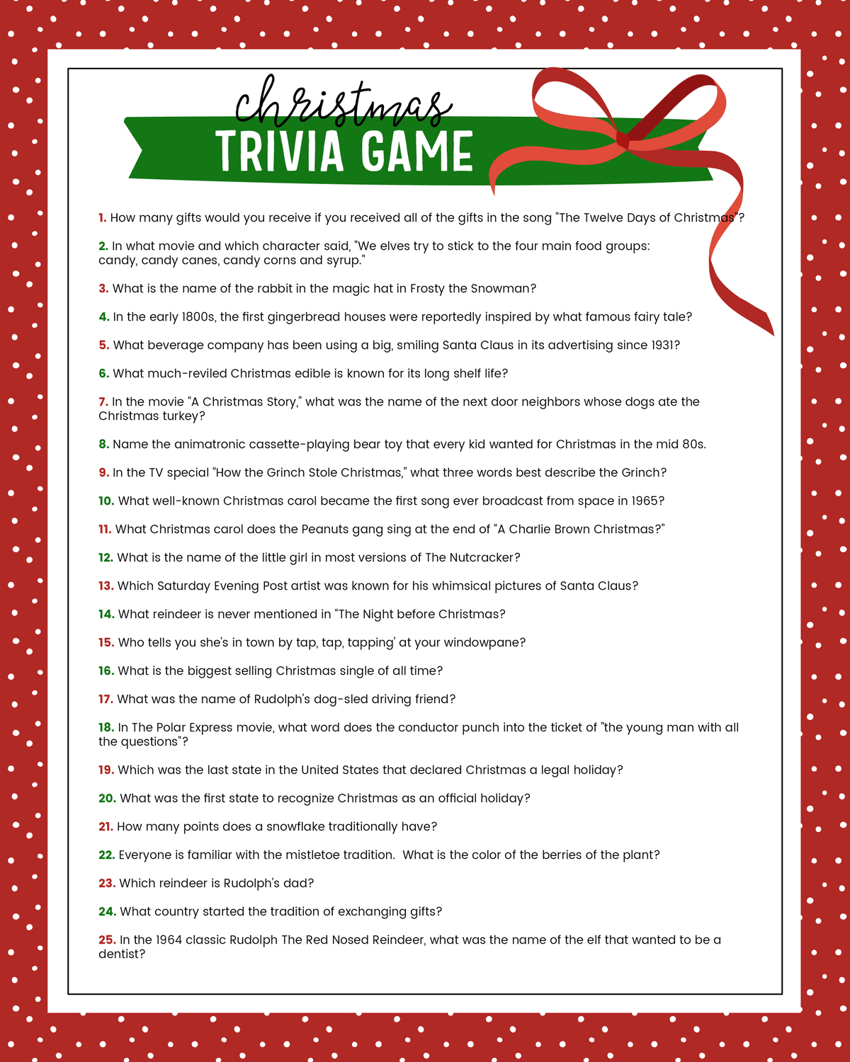 Free Christmas Trivia Printables {Games For The Family!} | Lil&amp;#039; Luna pertaining to Printable Christmas Trivia Questions Answers
