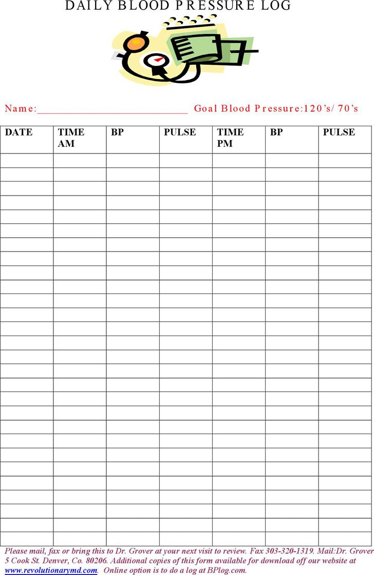 Free Daily Blood Pressure Log - Pdf | 50Kb | 2 Page(S) for Blood Pressure Daily Log Printable