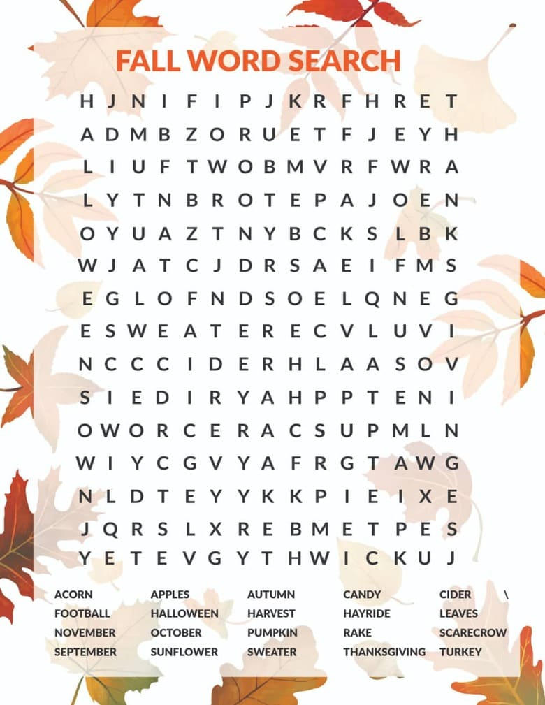 Free Fall Word Search Printable pertaining to Free Printable Autumn Word Search