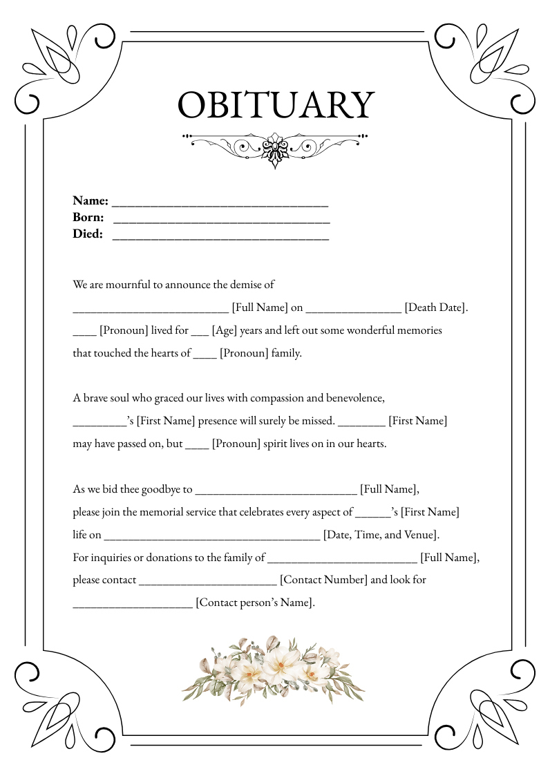 Free Fill In The Blank Obituary Template To Edit Online inside Blank Free Printable Obituary Templates
