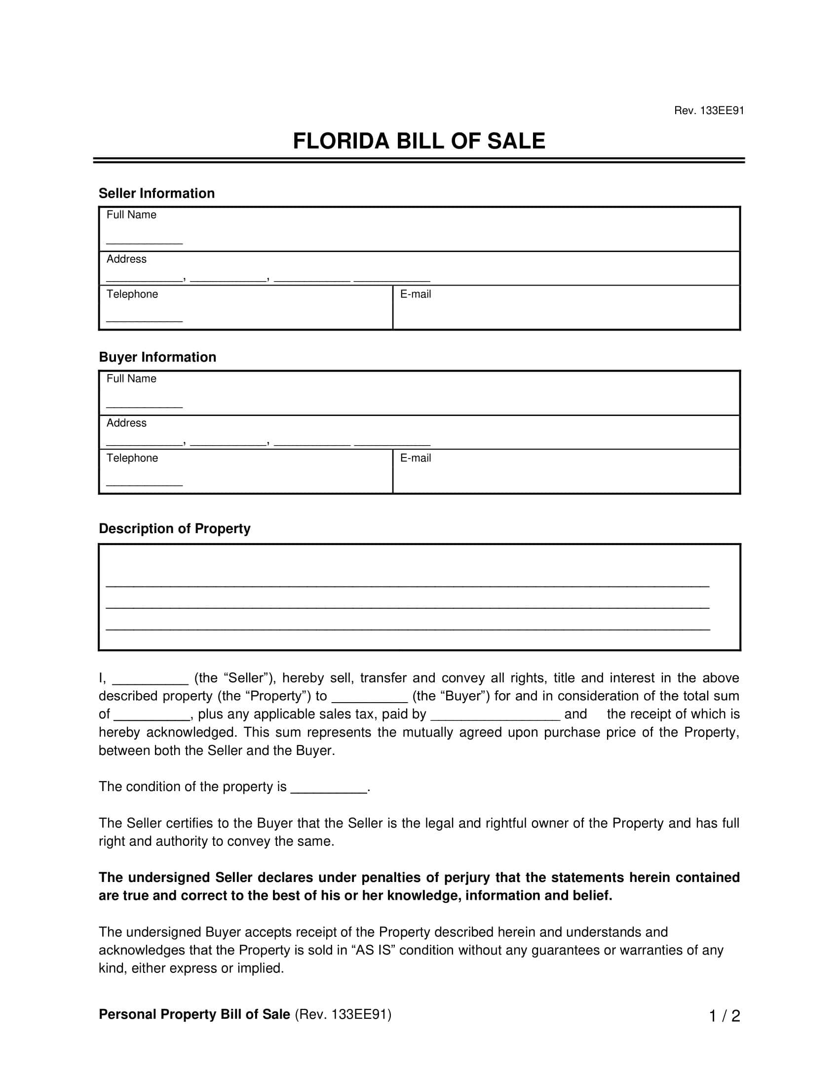 Free Florida Bill Of Sale Forms | Printable Pdf &amp;amp; Word throughout Florida Vehicle Bill of Sale Printable