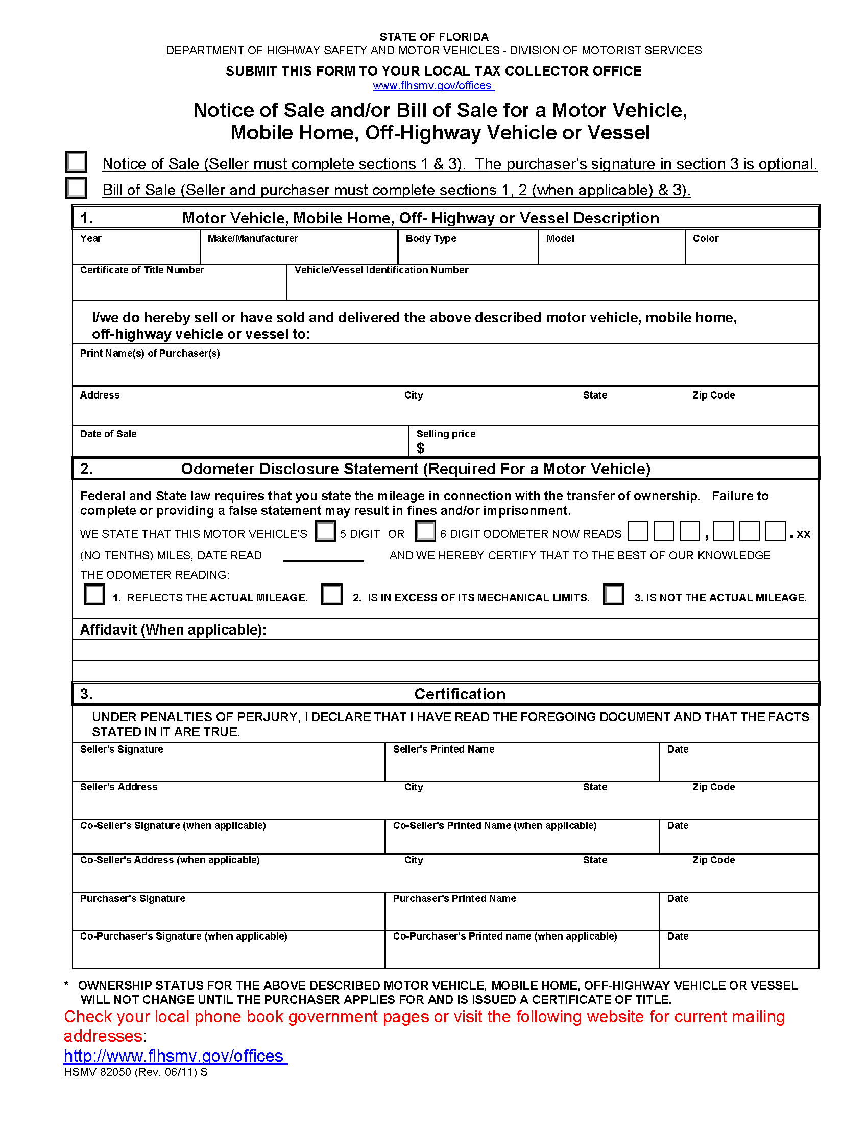 Free Florida Motor Vehicle Bill Of Sale Form | Pdf intended for Florida Vehicle Bill of Sale Printable