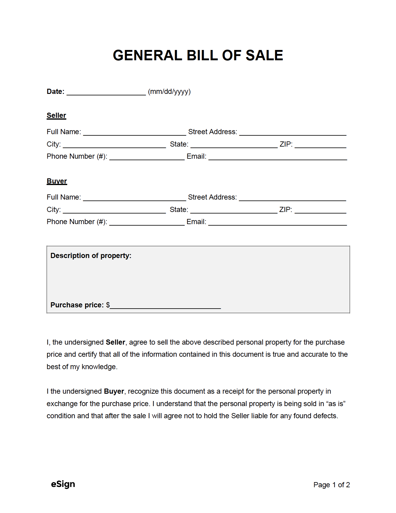 Free General Bill Of Sale Form | Pdf | Word for Bill Of Sale Form Free Printable