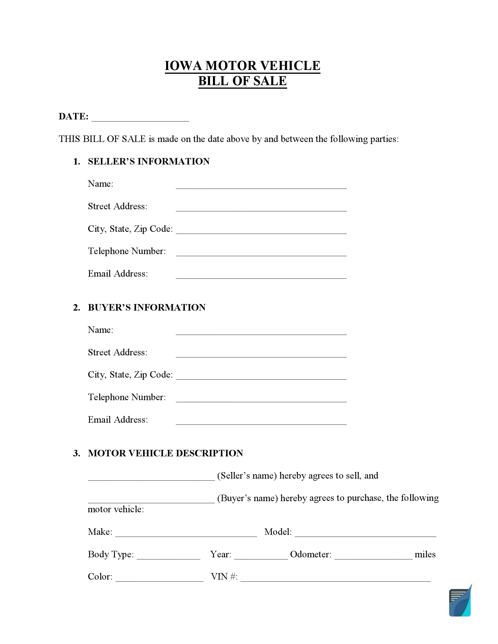 Free Iowa Bill Of Sale Forms (Pdf) | Formspal for Printable Bill Of Sale Iowa
