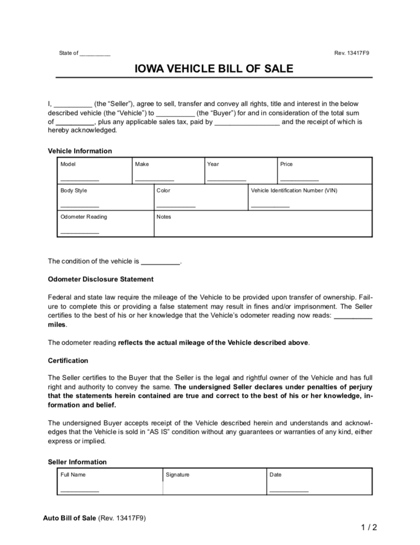 Free Iowa Vehicle Bill Of Sale Form | Pdf & Word in Printable Bill Of Sale Iowa