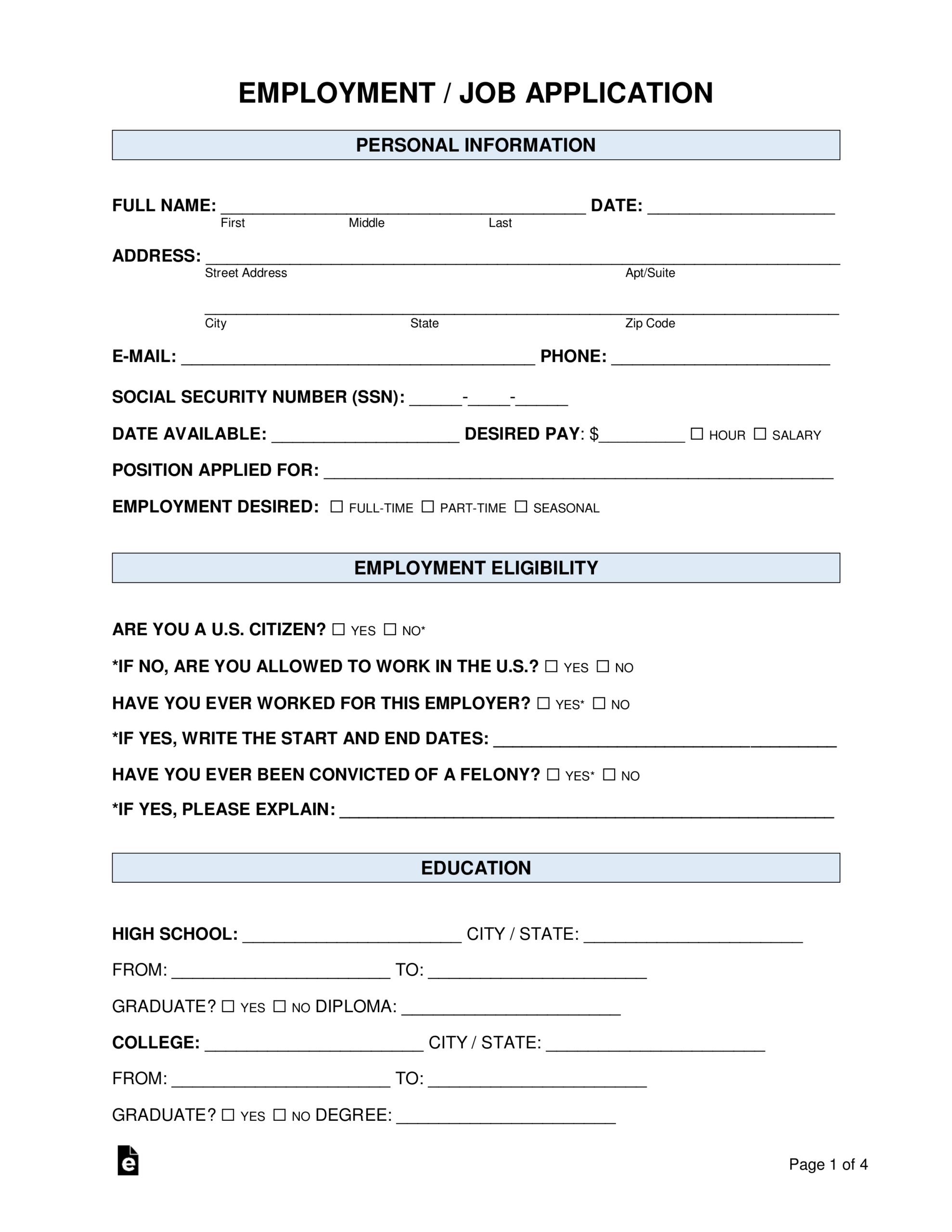 Free Job Application Forms (2) - Pdf | Word – Eforms inside Printable Basic Job Application Form