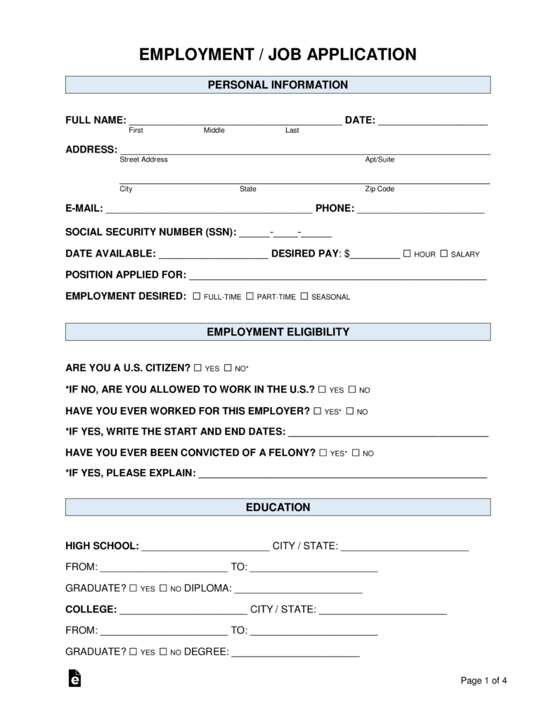 Free Job Application Forms (2) - Pdf | Word – Eforms regarding Free Printable Application For Employment Template