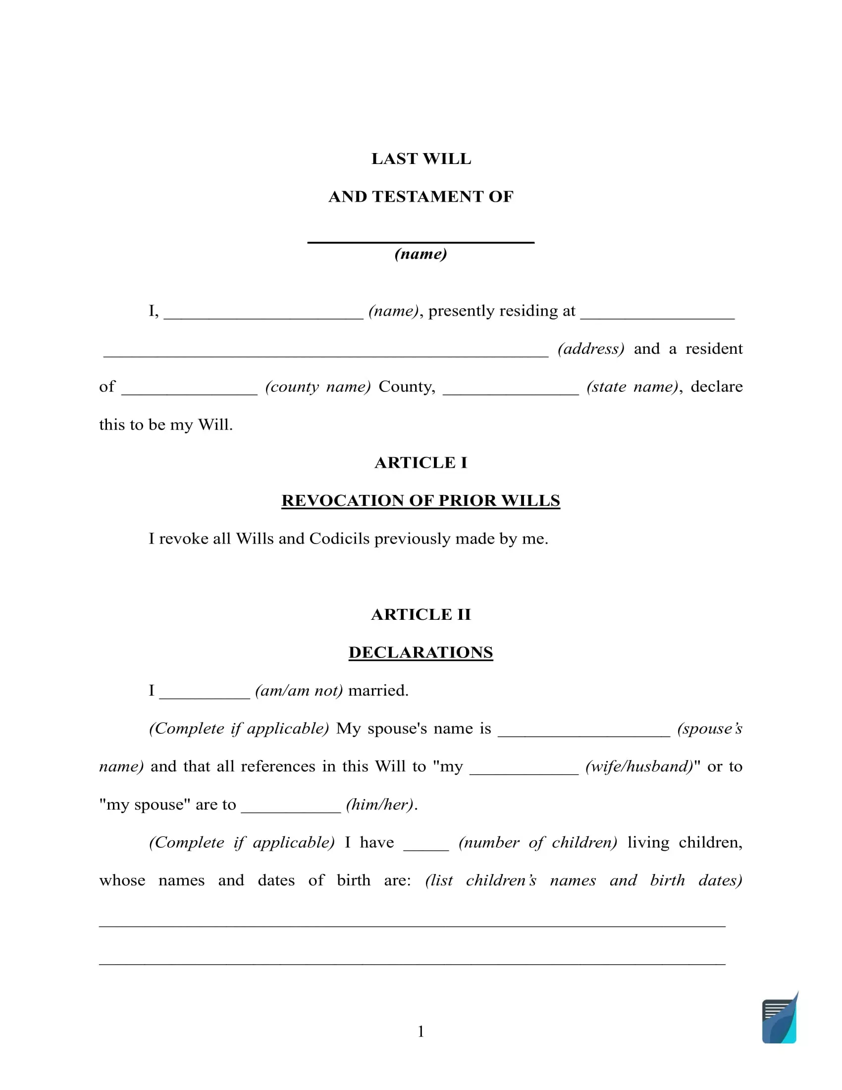 Free Last Will And Testament Template ⇒ Will Forms In Pdf And Doc with regard to Free Printable Forms For Last Will And Testament