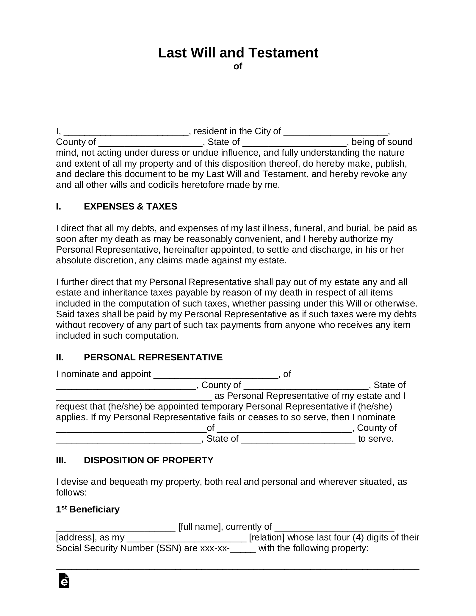 Free Last Will And Testament (Will) - Pdf | Word – Eforms for Free Will and Testament Forms Printable