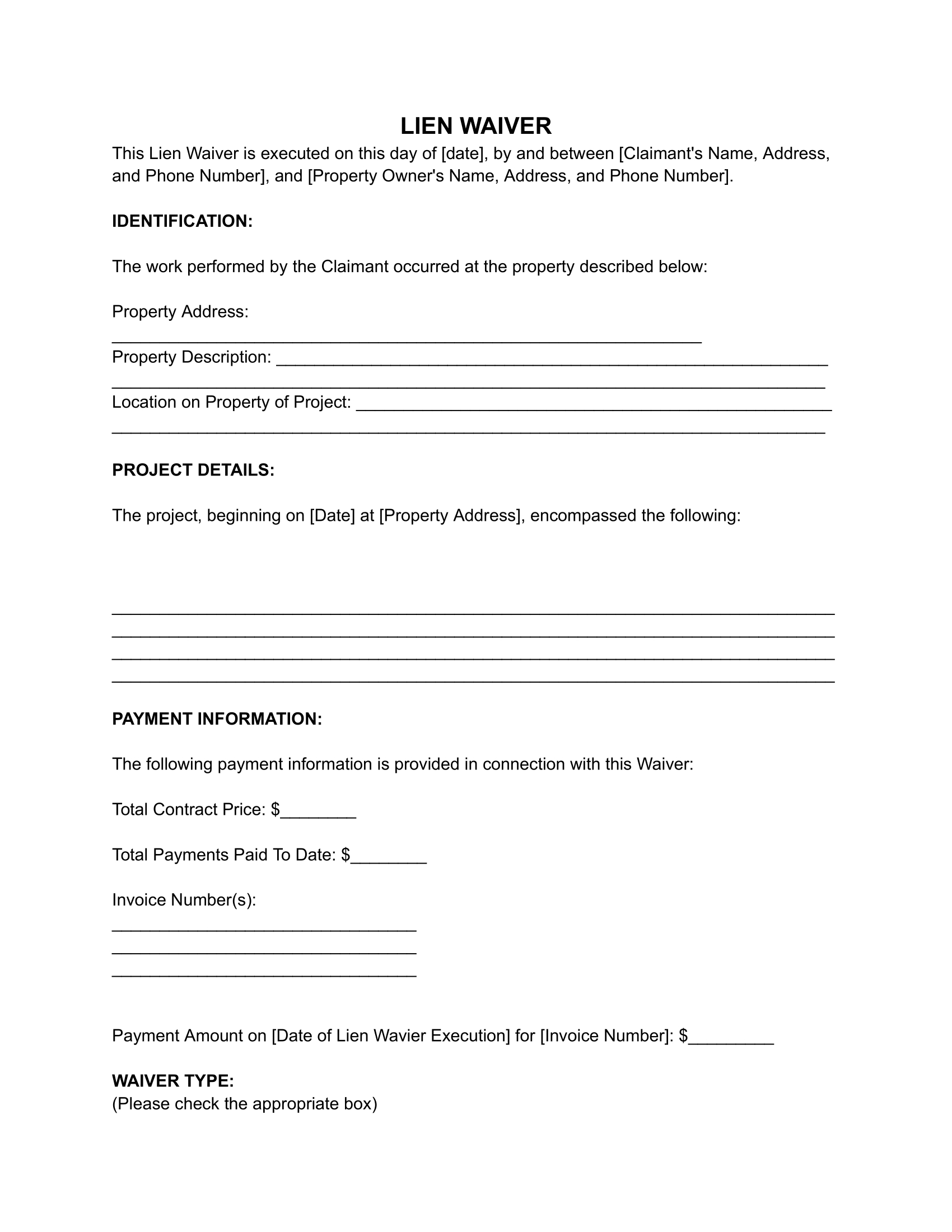 Free Lien Waiver Form (For Contractors) | Pdf &amp;amp; Word for Generic Printable Lien Waiver Form