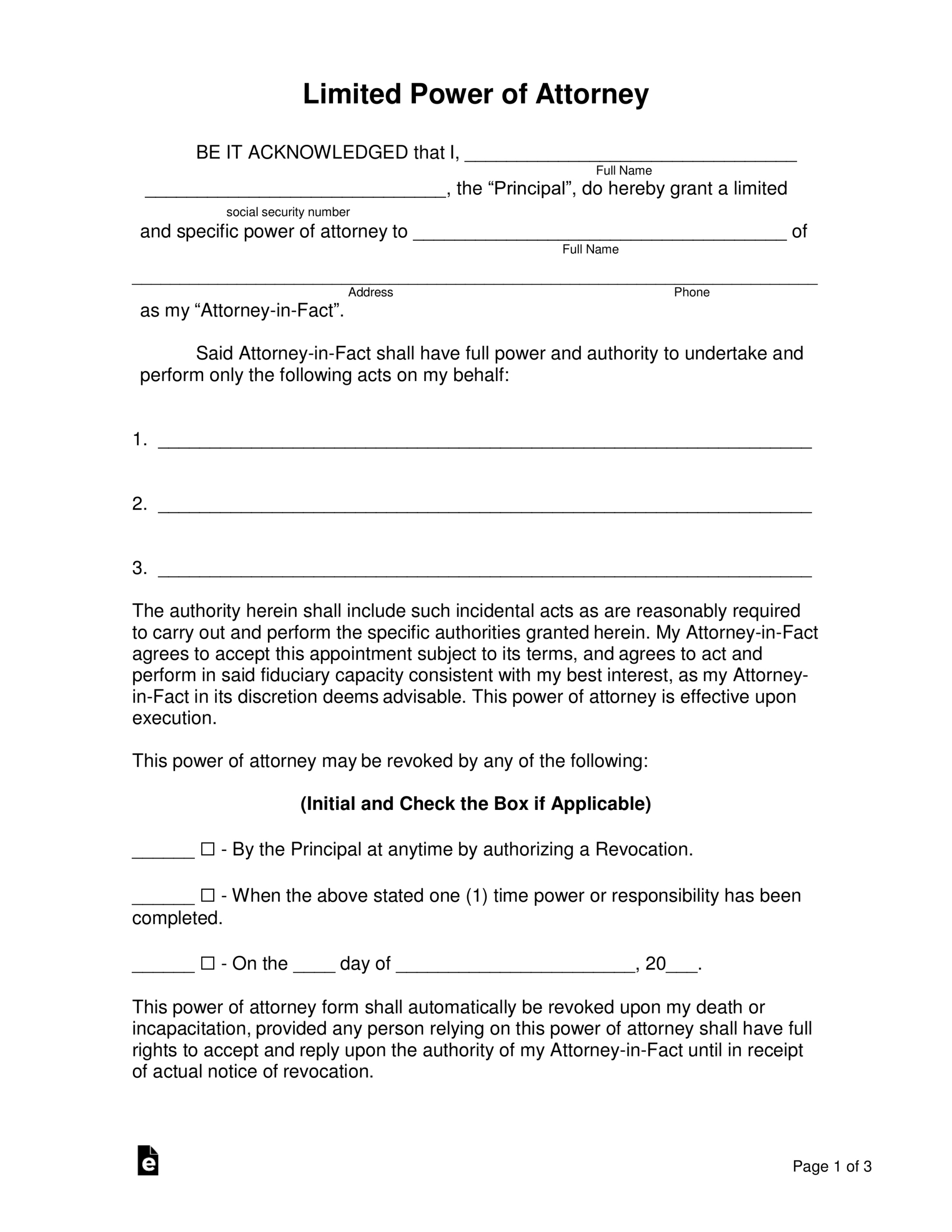 Free Limited (Special) Power Of Attorney Form - Pdf | Word – Eforms with Free Printable Power of Attorney Form