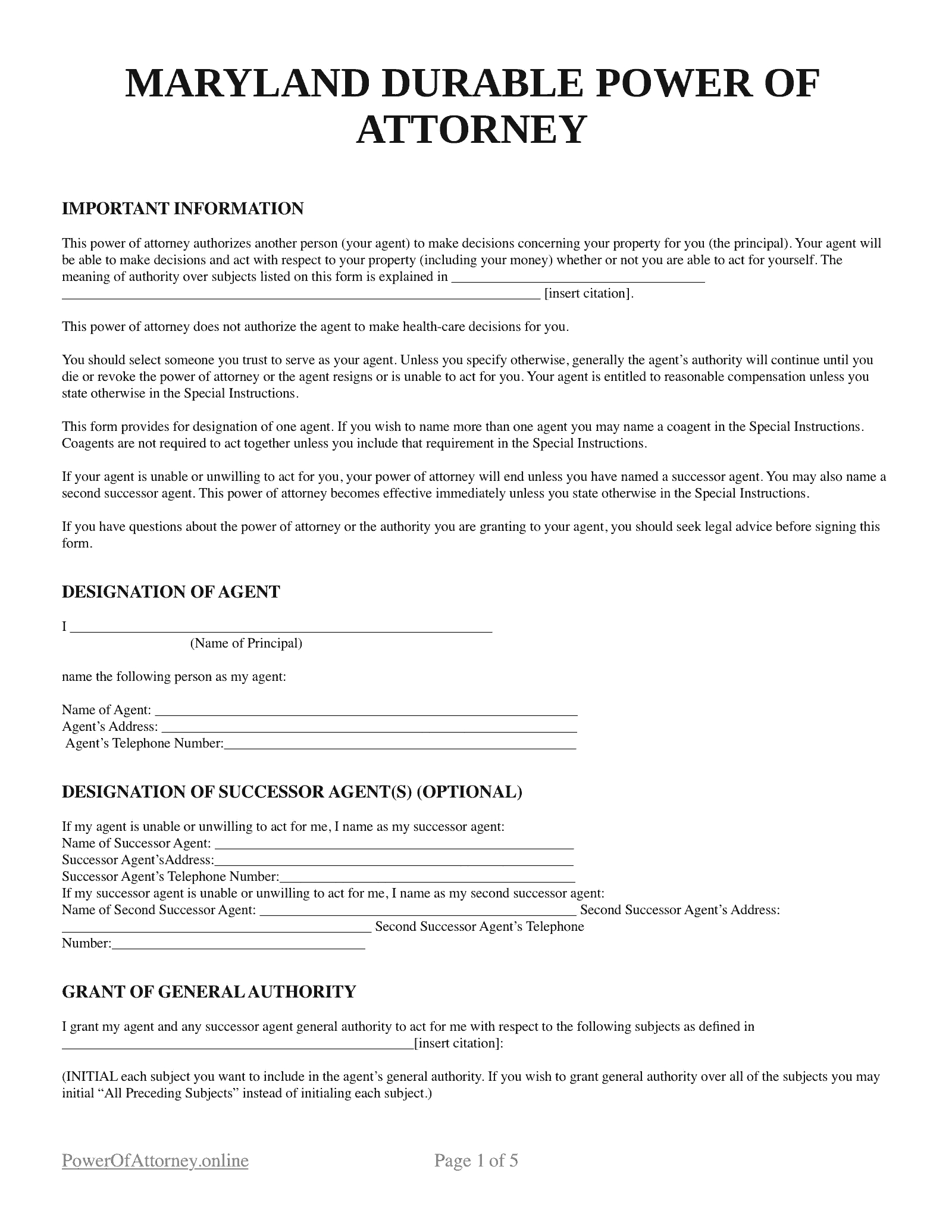 Free Maryland (Md) Power Of Attorney Forms &amp;amp; Templates | Pdf for Printable Power Of Attorney Form Maryland
