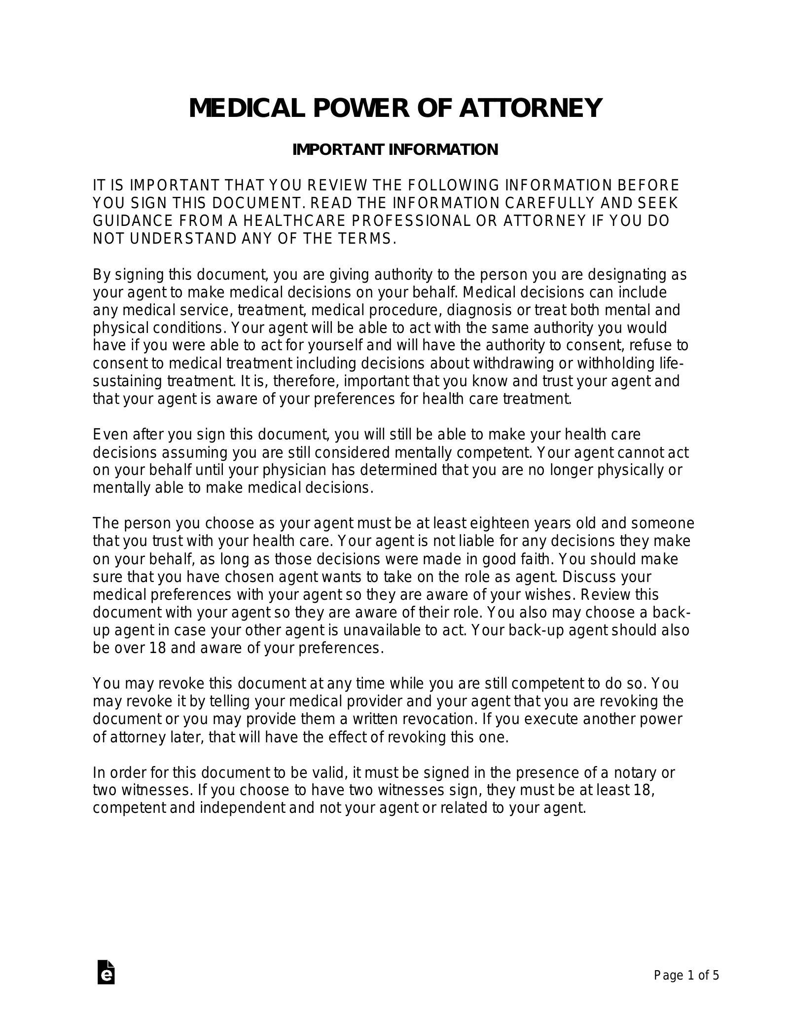 Free Medical Power Of Attorney (Mpoa) Form - Pdf | Word – Eforms for Free Blank Printable Medical Power Of Attorney Forms