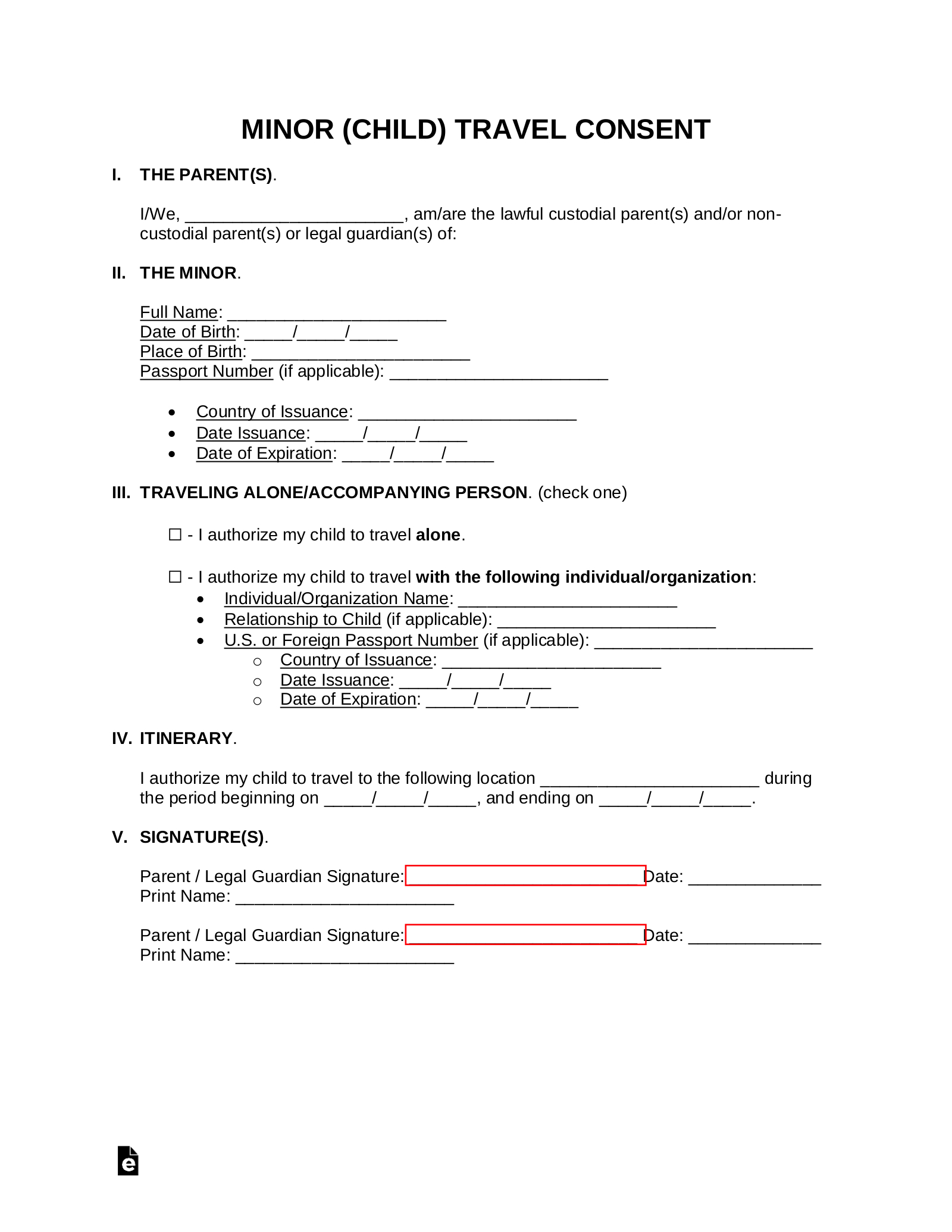 Free Minor (Child) Travel Consent Form - Pdf | Word – Eforms within Printable Minor Travel Consent Form
