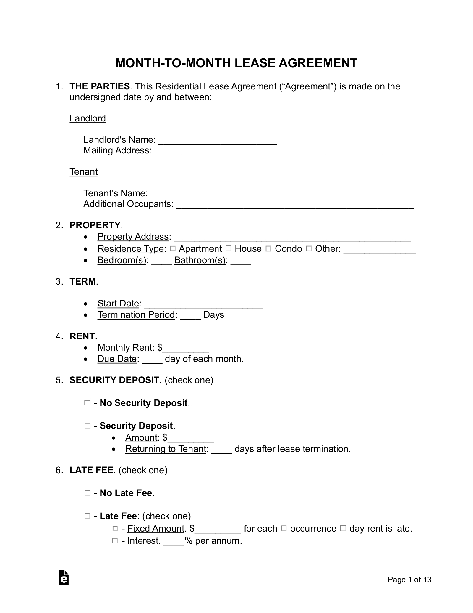 Free Month-To-Month Lease Agreement Template - Pdf | Word – Eforms for Rental Agreement Form Free Printable