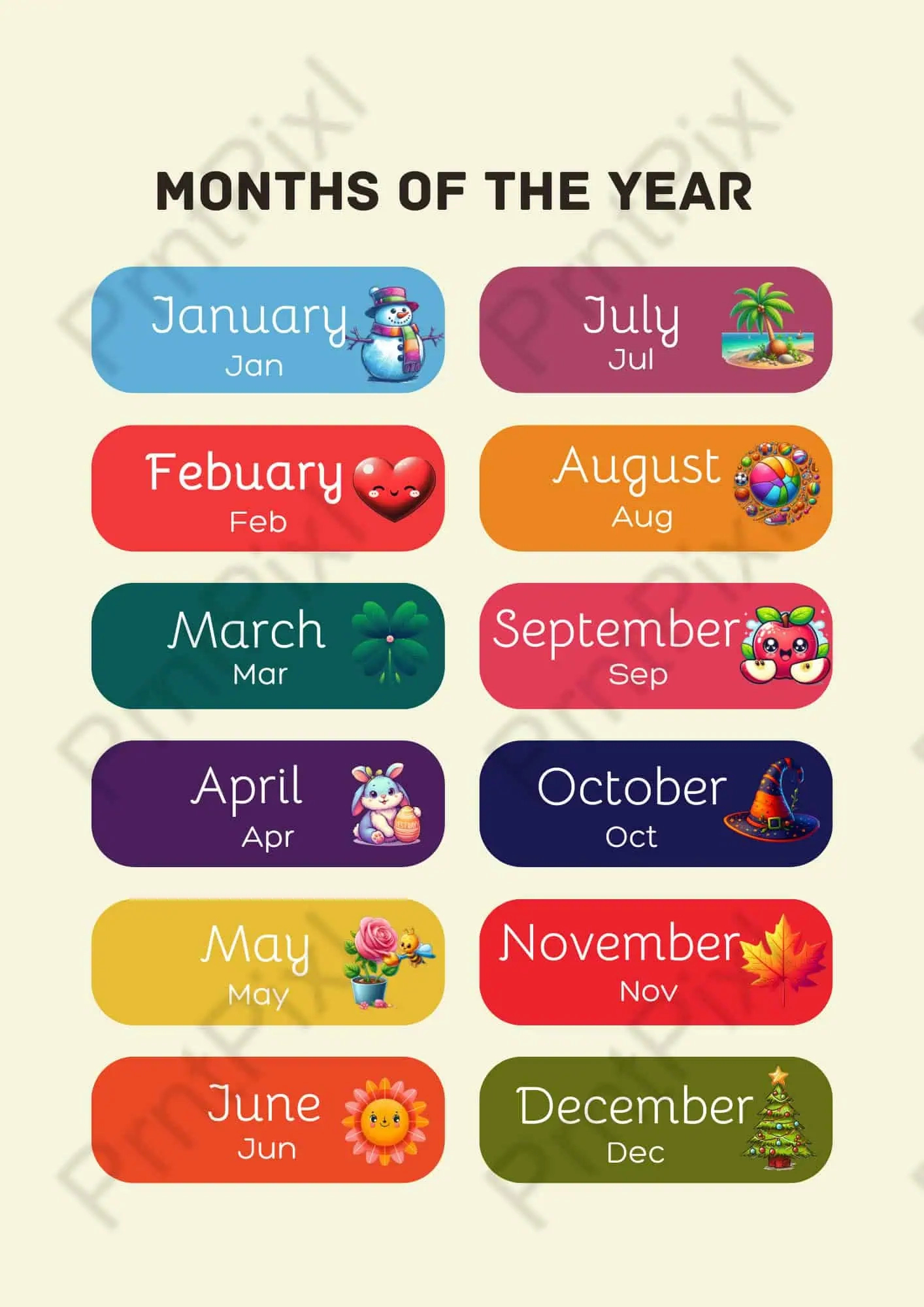 Free Months Of The Year Printable For Kids (Pdf + Png) – Prntpixl throughout Months of the Year Printable