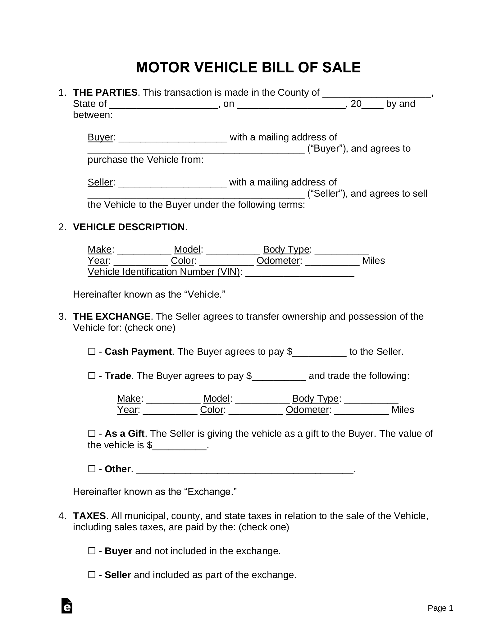 Free Motor Vehicle (Dmv) Bill Of Sale Form - Pdf | Word – Eforms with Free Printable Car Bill Of Sale